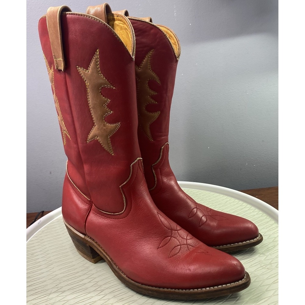Vintage Women's Leather Original Western Cowboy Boots Red&Tan Sz. 8.5